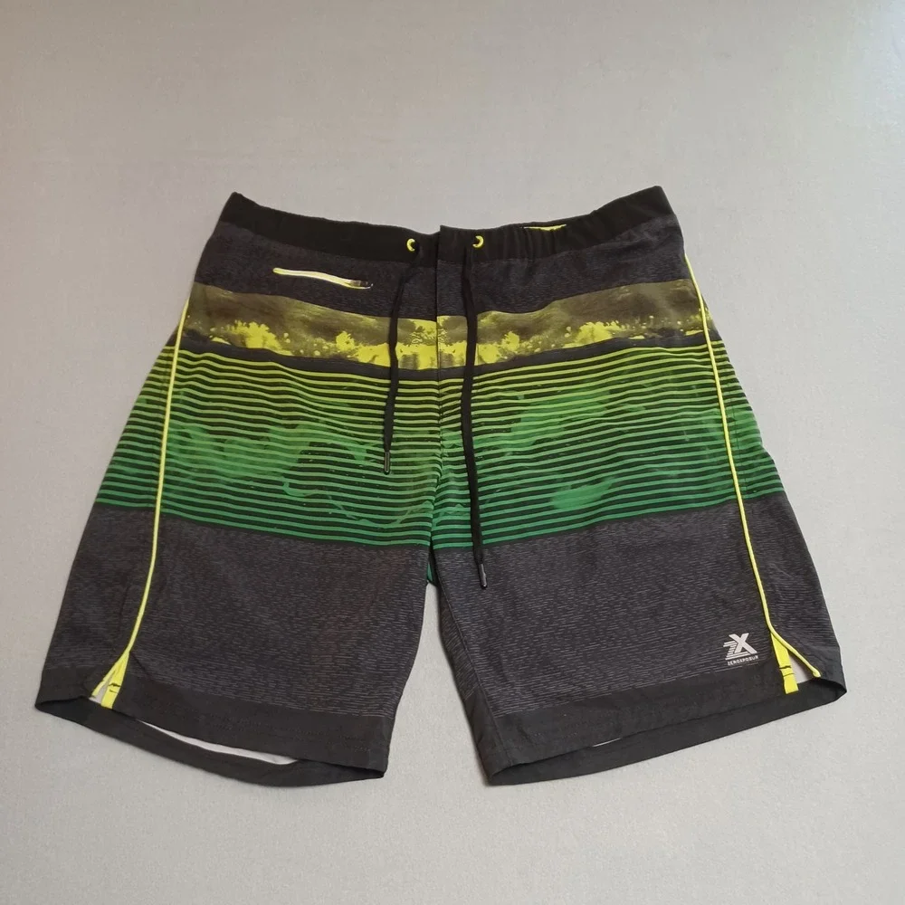 ZeroXposur Mens Board Shorts XL Black Grn Neon Striped Swim Trunks Zipper Pocket